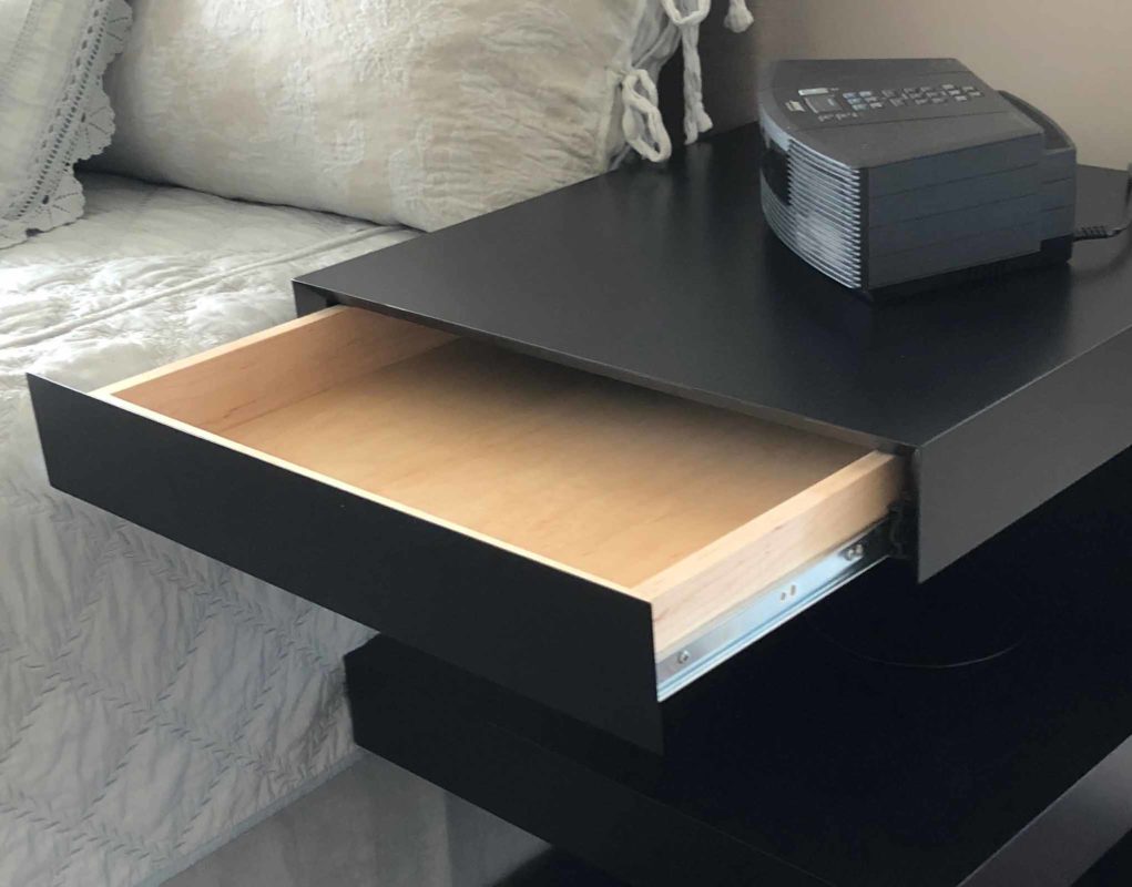 custom nightstand / bedside table showing hidden drawer